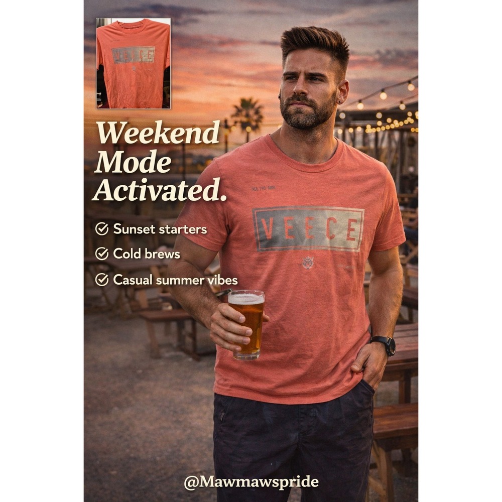 Veece Mens Graphic T-Shirt Small‎ Coral Orange Heathered Short Sleeve Logo Tee